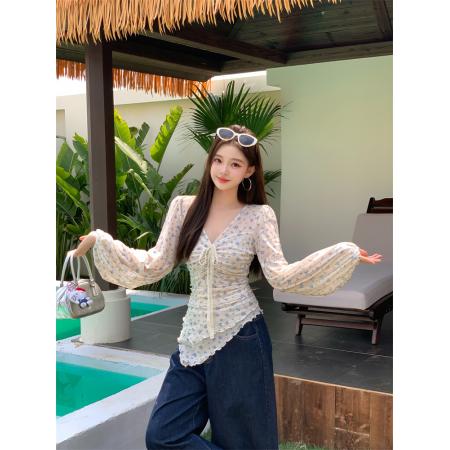 BY12977# 新款蓝色小碎花蕾丝系带不规则下摆上衣 服裝批發女裝批發服飾貨源