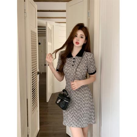 BY12978# 夏季法式甜美短袖连衣裙POLO领收腰显瘦约会连衣裙 服裝批發女裝批發服飾貨源