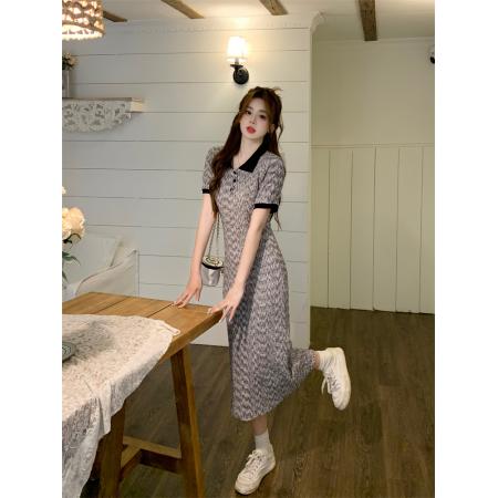 BY12978# 夏季法式甜美短袖连衣裙POLO领收腰显瘦约会连衣裙 服裝批發女裝批發服飾貨源