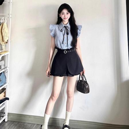 BY12980# 法式时尚套装女夏季新款学院风格子衬衫高腰显瘦裙裤两件套 服裝批發女裝批發服飾貨源