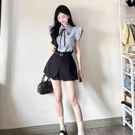 BY12980# 法式时尚套装女夏季新款学院风格子衬衫高腰显瘦裙裤两件套 服裝批發女裝批發服飾貨源