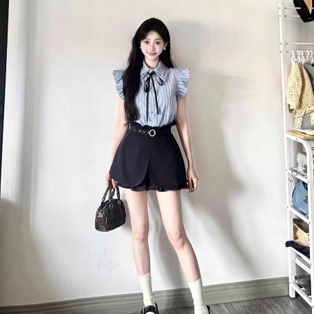 BY12980# 法式时尚套装女夏季新款学院风格子衬衫高腰显瘦裙裤两件套 服裝批發女裝批發服飾貨源