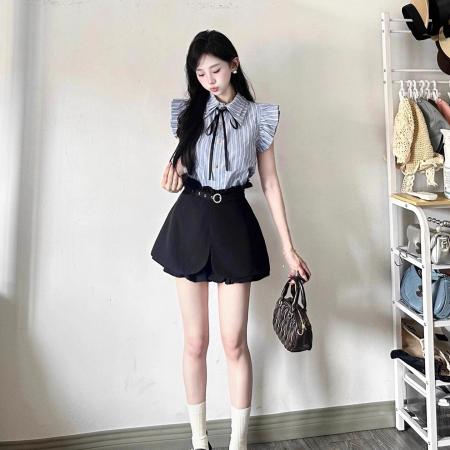BY12980# 法式时尚套装女夏季新款学院风格子衬衫高腰显瘦裙裤两件套 服裝批發女裝批發服飾貨源