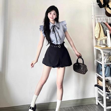 BY12980# 法式时尚套装女夏季新款学院风格子衬衫高腰显瘦裙裤两件套 服裝批發女裝批發服飾貨源
