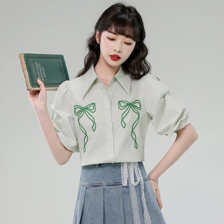 BY12981# 有货法式泡泡袖衬衫夏季新款翻领蝴蝶结绣花透气上衣女 服裝批發女裝批發服飾貨源