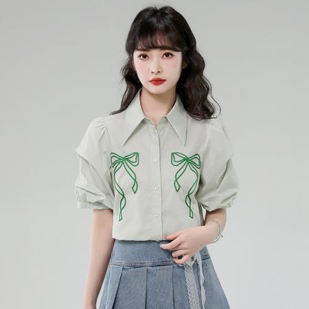 BY12981# 有货法式泡泡袖衬衫夏季新款翻领蝴蝶结绣花透气上衣女 服裝批發女裝批發服飾貨源