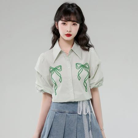 BY12981# 有货法式泡泡袖衬衫夏季新款翻领蝴蝶结绣花透气上衣女 服裝批發女裝批發服飾貨源