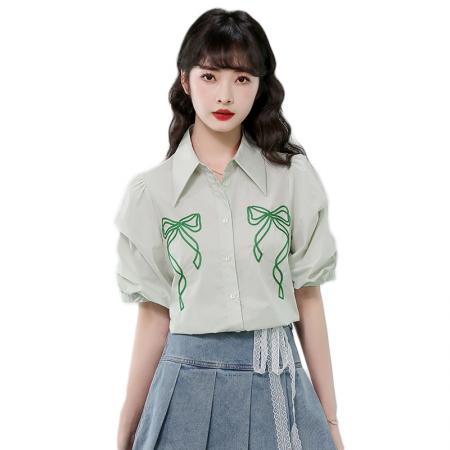 BY12981# 有货法式泡泡袖衬衫夏季新款翻领蝴蝶结绣花透气上衣女 服裝批發女裝批發服飾貨源