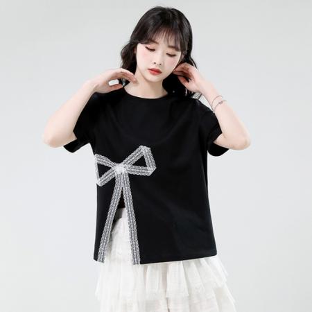 BY12982# 黑色拼接蕾丝蝴蝶结t恤上衣设计感开叉显瘦小众上衣女夏 服裝批發女裝批發服飾貨源