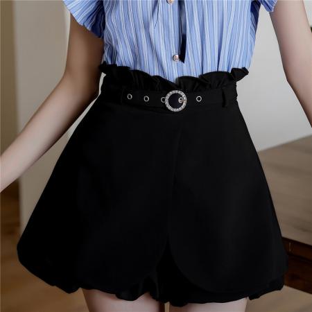 BY12983# 小飞袖条纹衬衫+黑色花苞短款两件套夏季设计感出游套装 服裝批發女裝批發服飾貨源