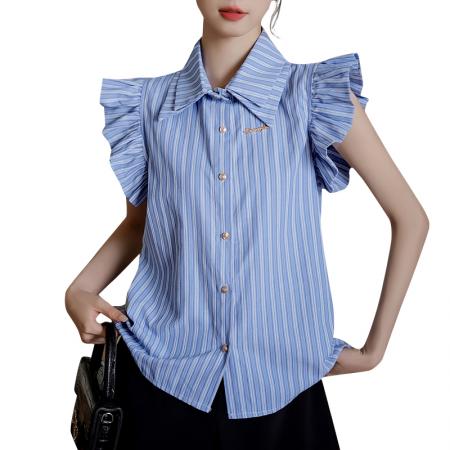 BY12983# 小飞袖条纹衬衫+黑色花苞短款两件套夏季设计感出游套装 服裝批發女裝批發服飾貨源