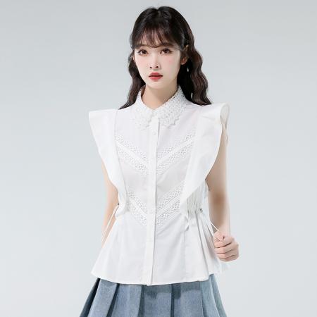 BY12984# 白色蕾丝polo衬衫女高级感轻奢减龄洋气掐腰法式飞飞袖上衣 服裝批發女裝批發服飾貨源