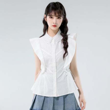BY12984# 白色蕾丝polo衬衫女高级感轻奢减龄洋气掐腰法式飞飞袖上衣 服裝批發女裝批發服飾貨源