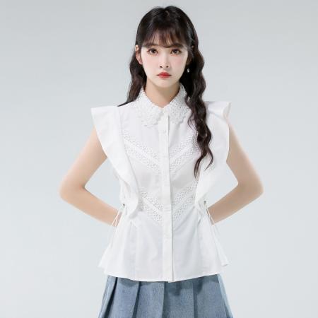 BY12984# 白色蕾丝polo衬衫女高级感轻奢减龄洋气掐腰法式飞飞袖上衣 服裝批發女裝批發服飾貨源