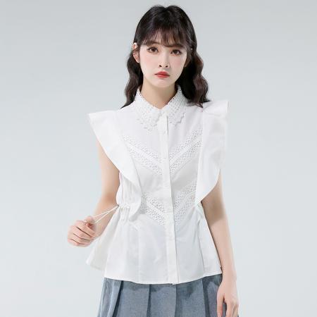 BY12984# 白色蕾丝polo衬衫女高级感轻奢减龄洋气掐腰法式飞飞袖上衣 服裝批發女裝批發服飾貨源