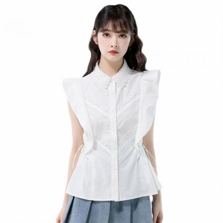 BY12984# 白色蕾丝polo衬衫女高级感轻奢减龄洋气掐腰法式飞飞袖上衣 服裝批發女裝批發服飾貨源