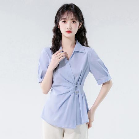 BY12985# 法式收腰蓝色衬衫女夏季新款V领翻领不规则上衣衬衣 服裝批發女裝批發服飾貨源