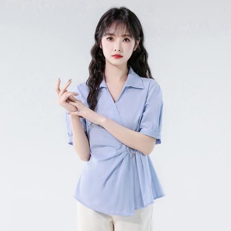 BY12985# 法式收腰蓝色衬衫女夏季新款V领翻领不规则上衣衬衣 服裝批發女裝批發服飾貨源