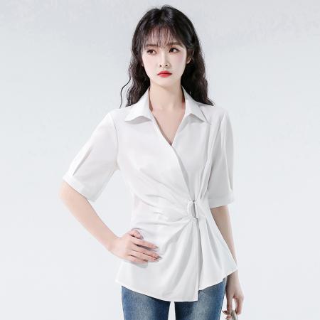 BY12985# 法式收腰蓝色衬衫女夏季新款V领翻领不规则上衣衬衣 服裝批發女裝批發服飾貨源