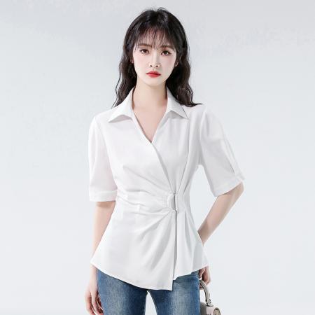 BY12985# 法式收腰蓝色衬衫女夏季新款V领翻领不规则上衣衬衣 服裝批發女裝批發服飾貨源