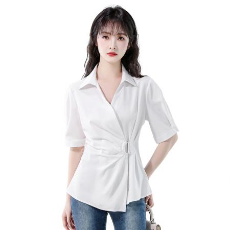 BY12985# 法式收腰蓝色衬衫女夏季新款V领翻领不规则上衣衬衣 服裝批發女裝批發服飾貨源