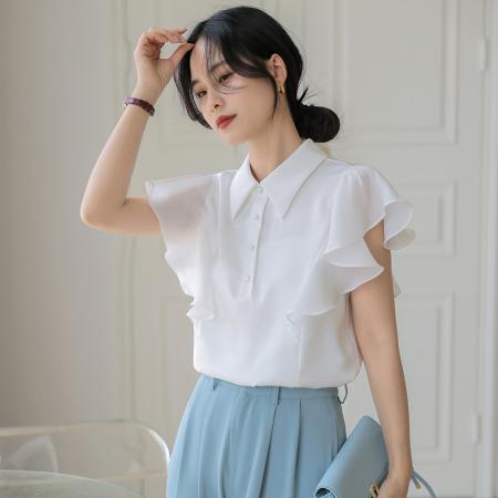 BY12986# 飞飞袖雪纺衬衫法式荷叶边雪纺衫气质娃娃领小衫女 服裝批發女裝批發服飾貨源