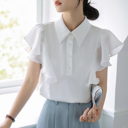 BY12986# 飞飞袖雪纺衬衫法式荷叶边雪纺衫气质娃娃领小衫女 服裝批發女裝批發服飾貨源