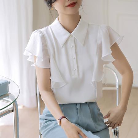 BY12986# 飞飞袖雪纺衬衫法式荷叶边雪纺衫气质娃娃领小衫女 服裝批發女裝批發服飾貨源