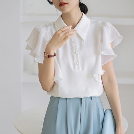BY12986# 飞飞袖雪纺衬衫法式荷叶边雪纺衫气质娃娃领小衫女 服裝批發女裝批發服飾貨源