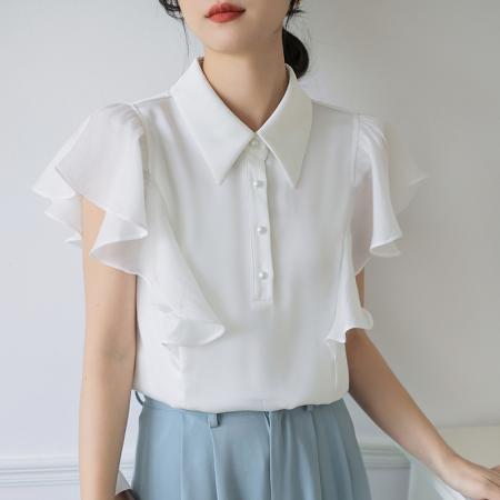 BY12986# 飞飞袖雪纺衬衫法式荷叶边雪纺衫气质娃娃领小衫女 服裝批發女裝批發服飾貨源