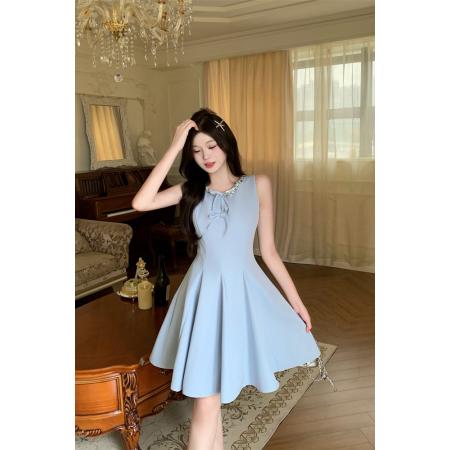 BY12989# 小香风重工蓝色无袖背心连衣裙女夏季掐腰miu系千金风荷叶边伞裙 服裝批發女裝批發服飾貨源