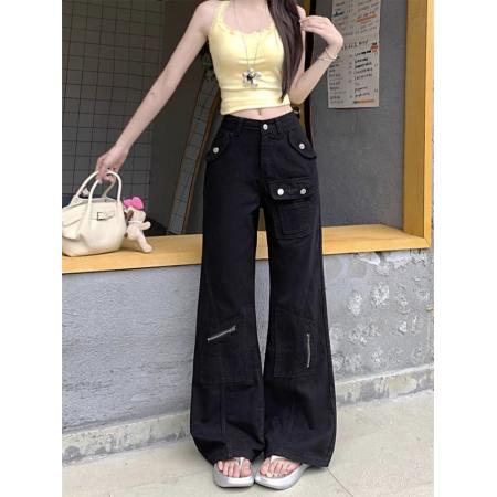 BY12991# 美式工装微喇牛仔裤女夏季新款高腰显瘦多口袋不贴腿马蹄裤拖地裤 服裝批發女裝批發服飾貨源
