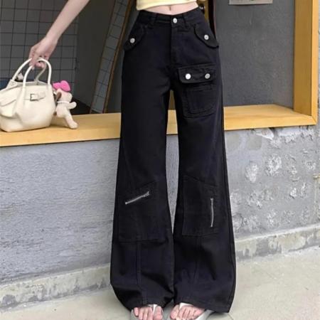 BY12991# 美式工装微喇牛仔裤女夏季新款高腰显瘦多口袋不贴腿马蹄裤拖地裤 服裝批發女裝批發服飾貨源