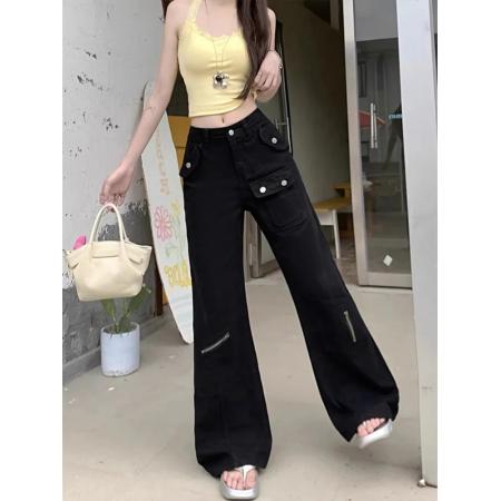 BY12991# 美式工装微喇牛仔裤女夏季新款高腰显瘦多口袋不贴腿马蹄裤拖地裤 服裝批發女裝批發服飾貨源