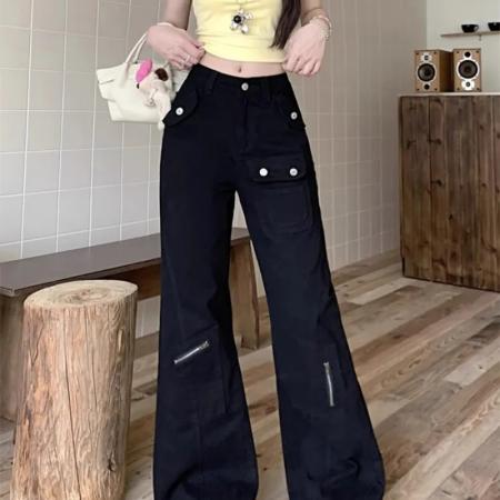 BY12991# 美式工装微喇牛仔裤女夏季新款高腰显瘦多口袋不贴腿马蹄裤拖地裤 服裝批發女裝批發服飾貨源