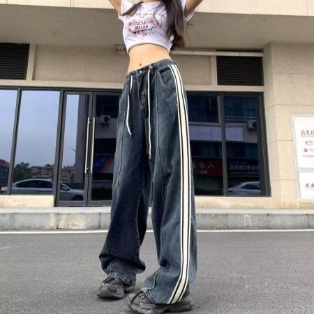 BY12992# 高级设计感抽绳小个子牛仔裤高腰宽松显瘦阔腿直筒裤子女 服裝批發女裝批發服飾貨源
