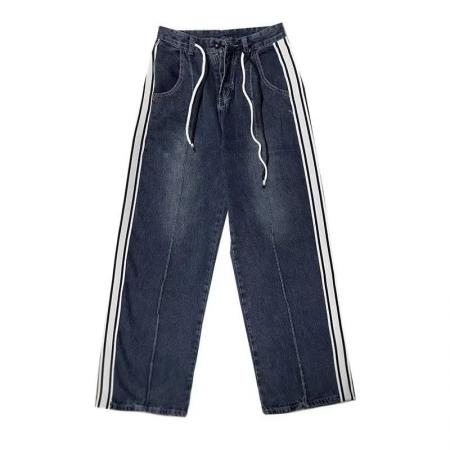 BY12992# 高级设计感抽绳小个子牛仔裤高腰宽松显瘦阔腿直筒裤子女 服裝批發女裝批發服飾貨源