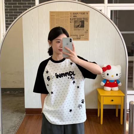 BY12994# 纯棉螺纹领口+后包边立体小狗涂鸦波点插肩短袖T恤女 服裝批發女裝批發服飾貨源