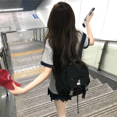 BY12995# 美式复古腊肠狗刺绣撞色短袖T恤女夏季新款宽松百搭纯棉半袖上衣 服裝批發女裝批發服飾貨源