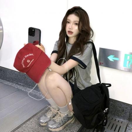 BY12995# 美式复古腊肠狗刺绣撞色短袖T恤女夏季新款宽松百搭纯棉半袖上衣 服裝批發女裝批發服飾貨源