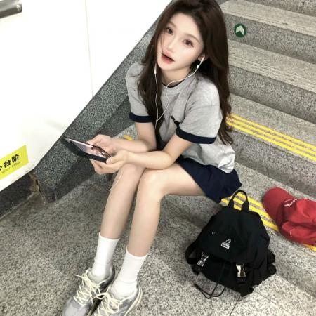 BY12995# 美式复古腊肠狗刺绣撞色短袖T恤女夏季新款宽松百搭纯棉半袖上衣 服裝批發女裝批發服飾貨源