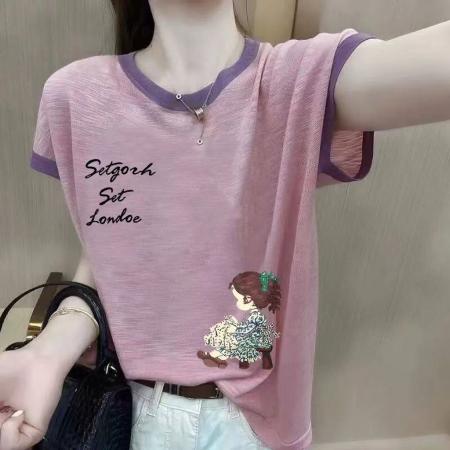 BY12996# 夏季新款竹节棉短袖印花大码宽松百搭休闲圆领上衣T恤 服裝批發女裝批發服飾貨源