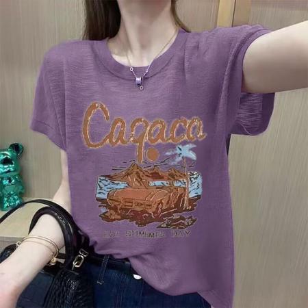 BY12997# 夏季新款竹节棉短袖印花大码宽松百搭休闲圆领上衣T恤 服裝批發女裝批發服飾貨源