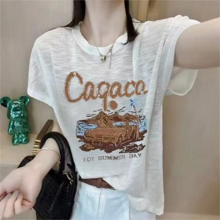 BY12997# 夏季新款竹节棉短袖印花大码宽松百搭休闲圆领上衣T恤 服裝批發女裝批發服飾貨源