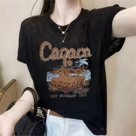 BY12997# 夏季新款竹节棉短袖印花大码宽松百搭休闲圆领上衣T恤 服裝批發女裝批發服飾貨源