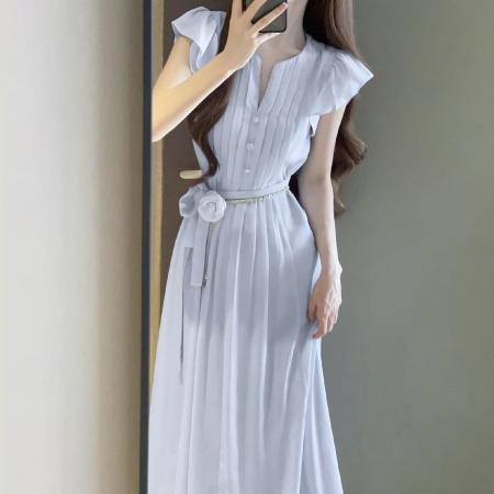 BY13000# 法式小飞袖连衣裙子女夏季新款设计感独特漂亮夏日绝美长裙 服裝批發女裝批發服飾貨源