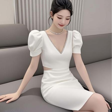 BY13001# 高级感夏季法式性感镂空钉珠V领泡泡袖连衣裙显瘦修身短款包臀裙 服裝批發女裝批發服飾貨源