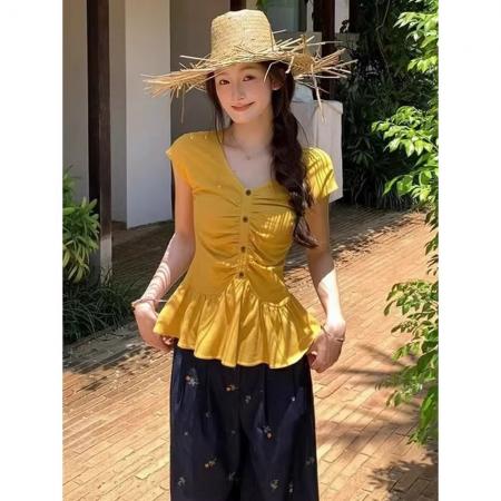 BY13003# 夏季新款设计感V领捏褶荷叶边小衫薄款飞飞袖排扣修身上衣 服裝批發女裝批發服飾貨源