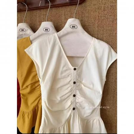 BY13003# 夏季新款设计感V领捏褶荷叶边小衫薄款飞飞袖排扣修身上衣 服裝批發女裝批發服飾貨源