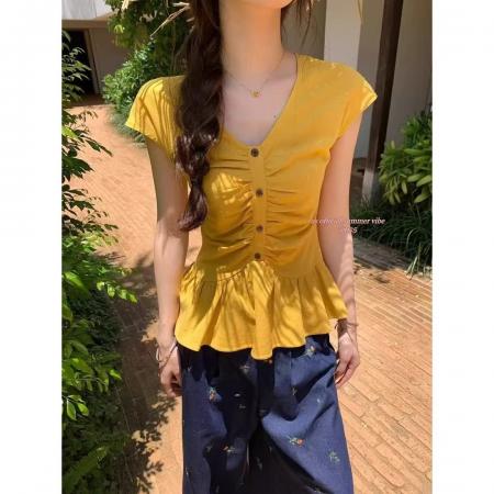 BY13003# 夏季新款设计感V领捏褶荷叶边小衫薄款飞飞袖排扣修身上衣 服裝批發女裝批發服飾貨源